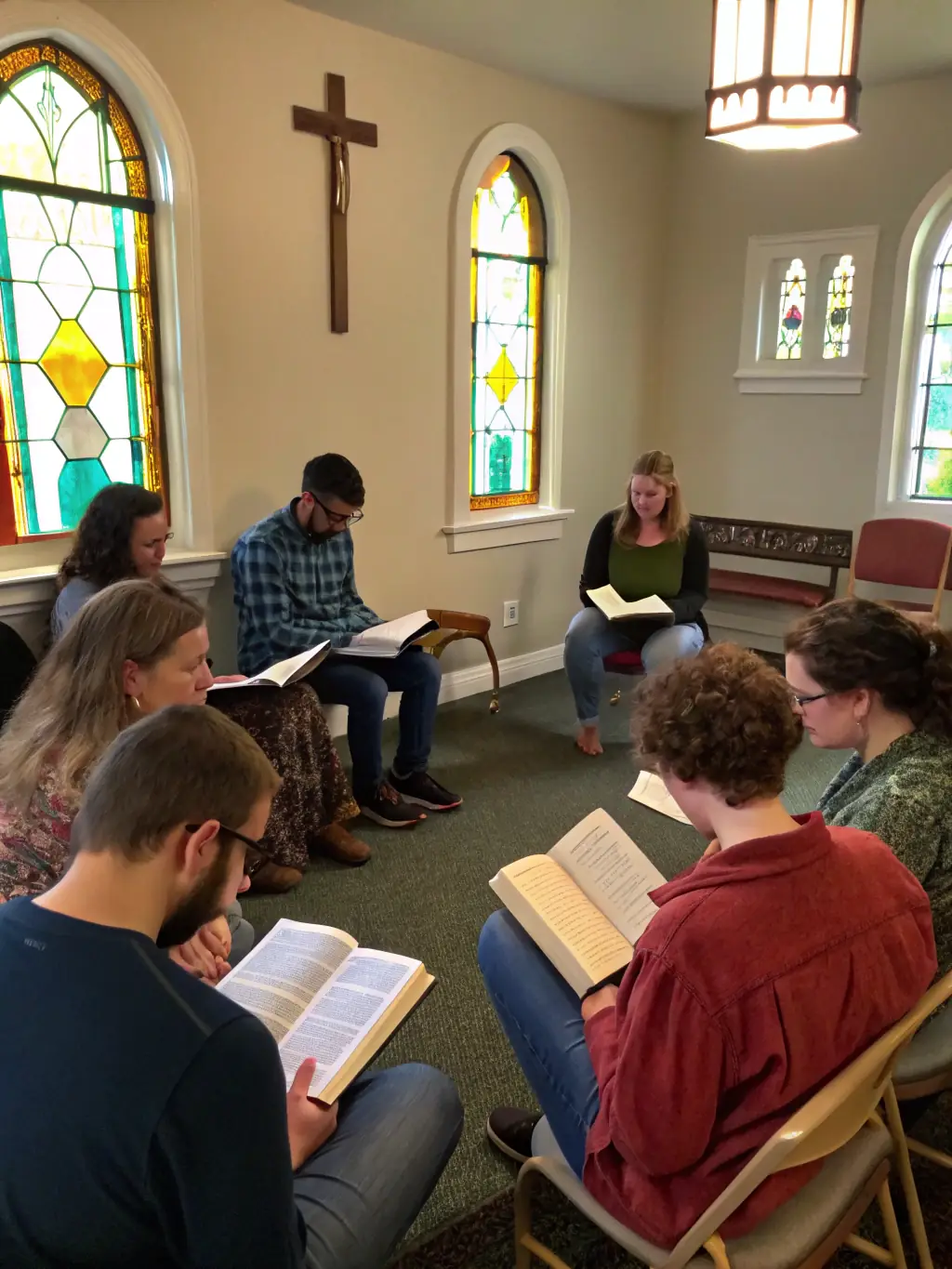 A group of adults participating in a bible study, with open bibles and engaged expressions.