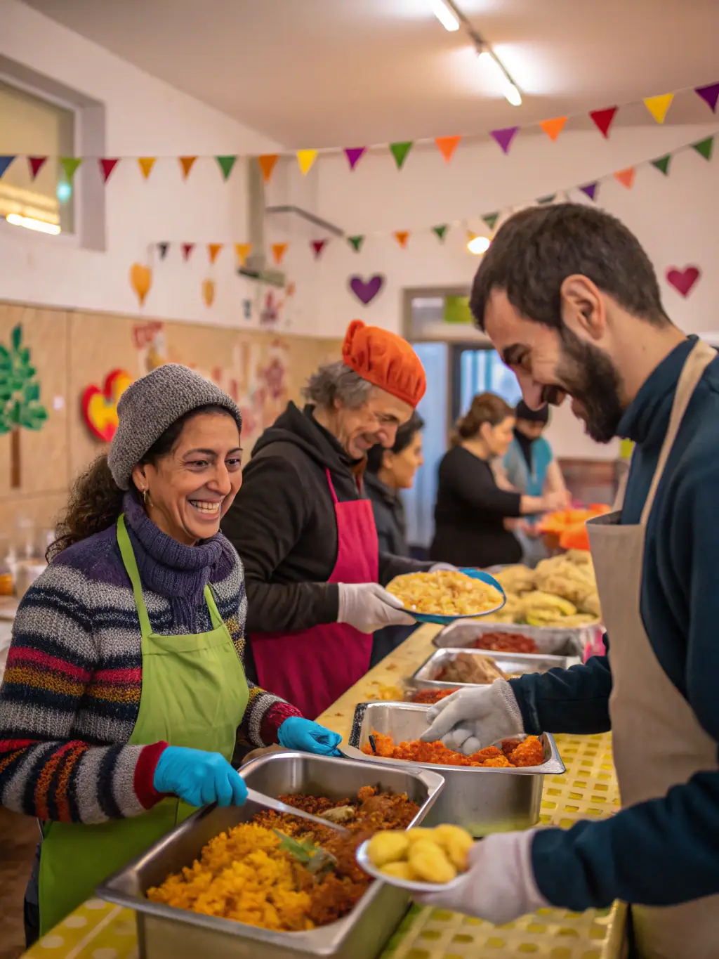 A group of young adults from Renewal Church volunteering at a local soup kitchen, serving meals to the homeless, showcasing the church's compassion and community involvement.