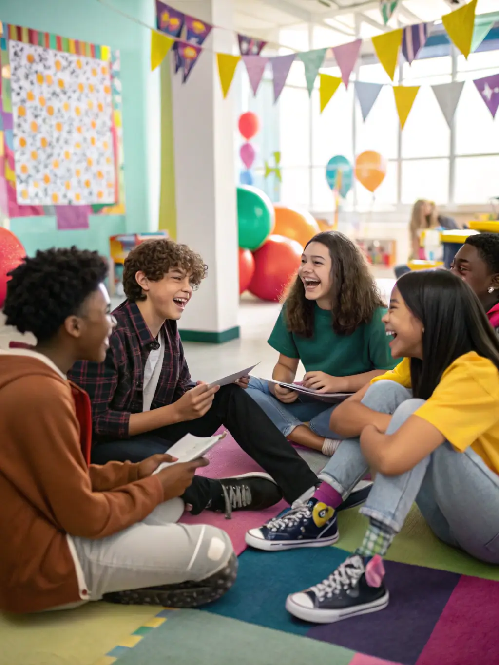 A group of teenagers participating in a youth group activity at Renewal Church, smiling and engaged in a discussion.