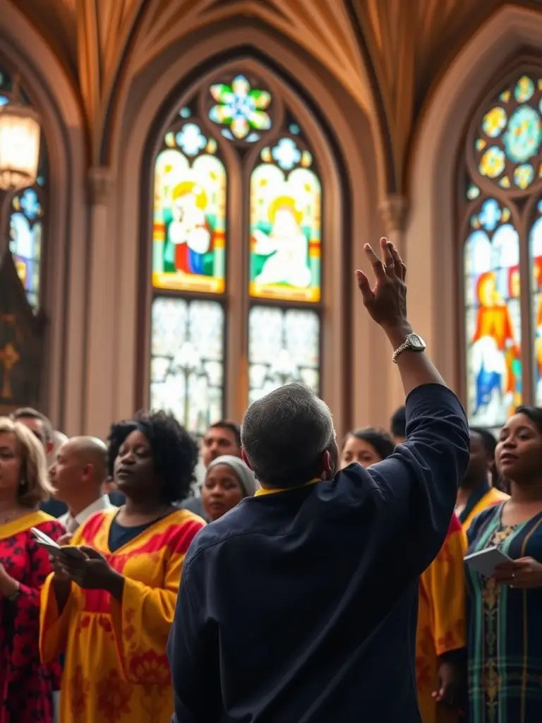A diverse group of people from Renewal Church participating in a bilingual worship service, singing and praising together.
