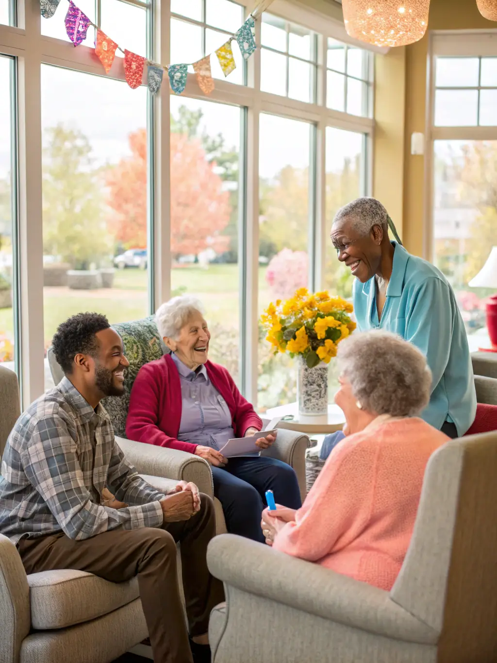 Renewal Church members visiting residents at a local nursing home, offering companionship and spiritual support.